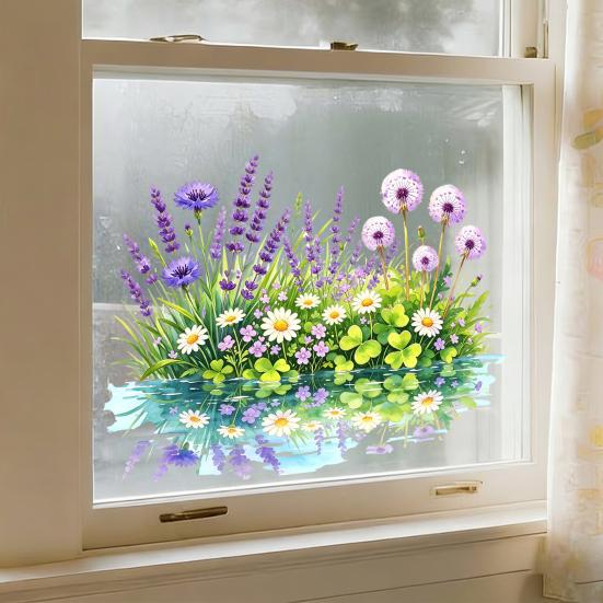 Wildflower Window Clings Spring Summer Floral Grass Window Stickers Double-Sided Anti-Collision Glass Door Mirror Decals for Home Bathroom