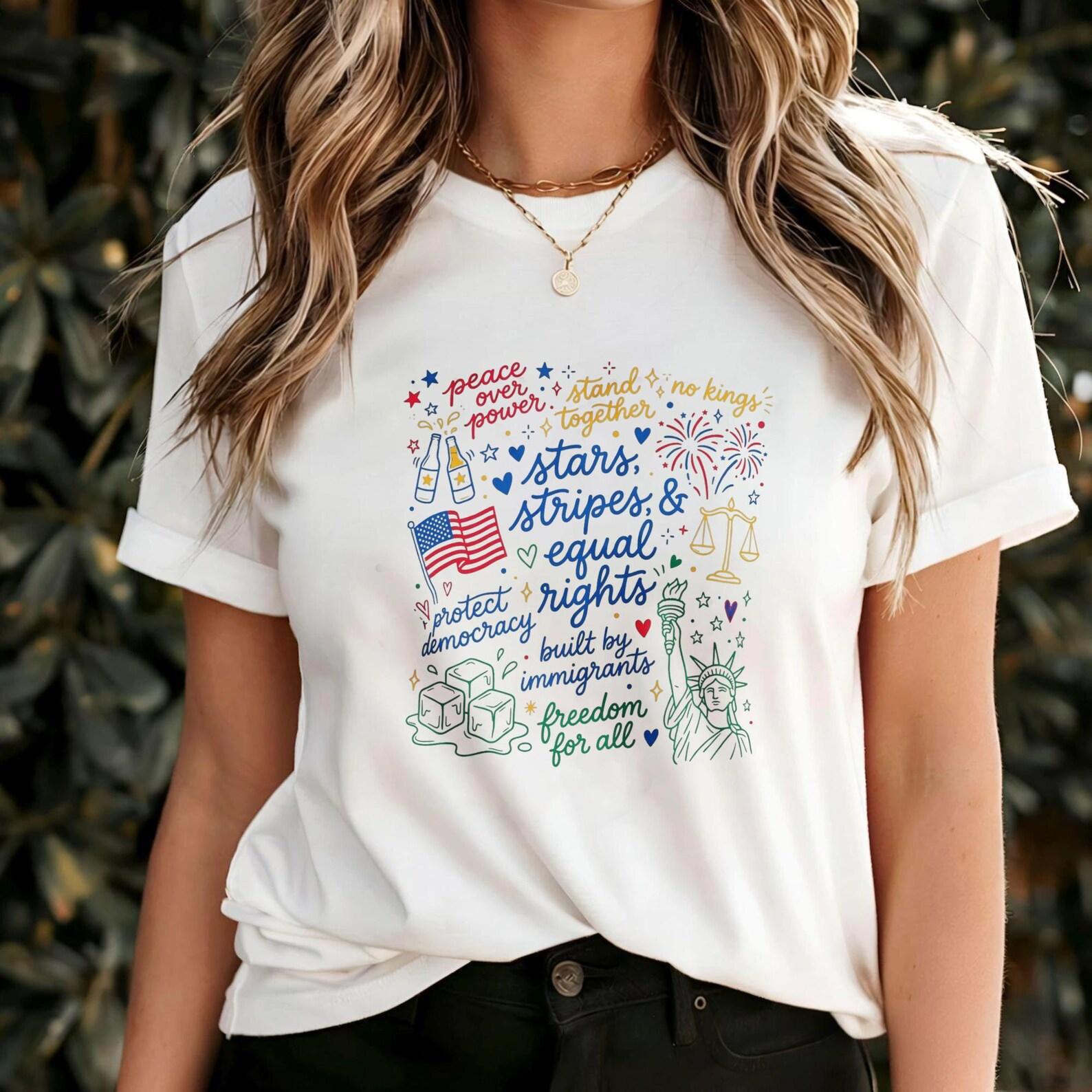 Stars Stripes Equal Rights Womens Tee, Liberty Democracy Immigrant Doodle Graphic Shirt, Statue Of Liberty Justice Peace Patriotic Top L