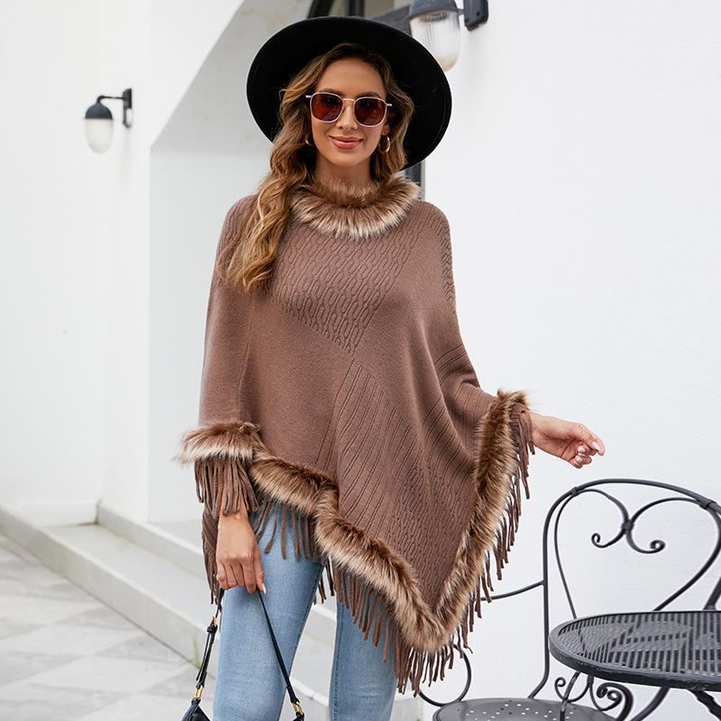 Mao Mao Yu Women's Solid Color Tassel Cape: 2026 Autumn/Winter European & American Loose Knit Pullover Shawl