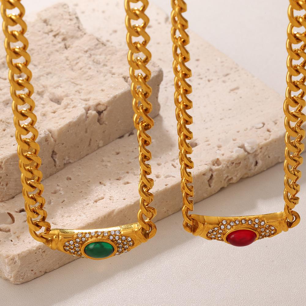 Premium Sense Inlaid Opal Necklace Retro Style Medieval Geometric Collarbone Choker Chain
