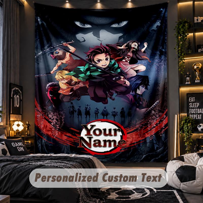 Personalized Wall Tapestry,Demon Slayer Custom Printed Name, Fabric Wall Art For Indoor Room Backdrop