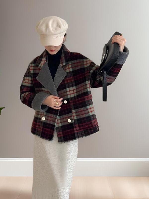 Empress Dowager Cixi Women's Double-Sided Cashmere Scarf Coat - Plaid Wool Outerwear for Autumn/Winter