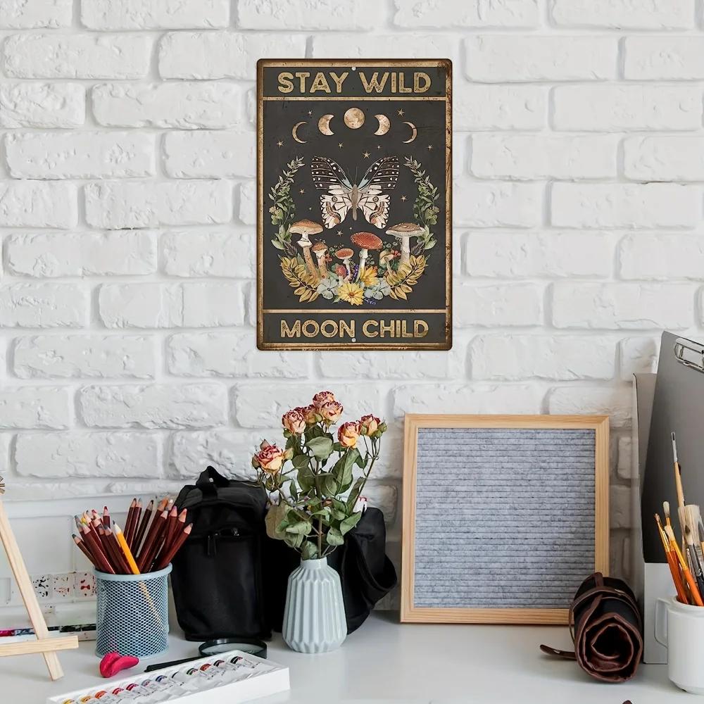 1pc Mushroom Metal Sign, Vintage Hippie Room Decor, Stay Wild Moon Flower Wall Decor for Bedroom, Bathroom, 12 X 8 Inch