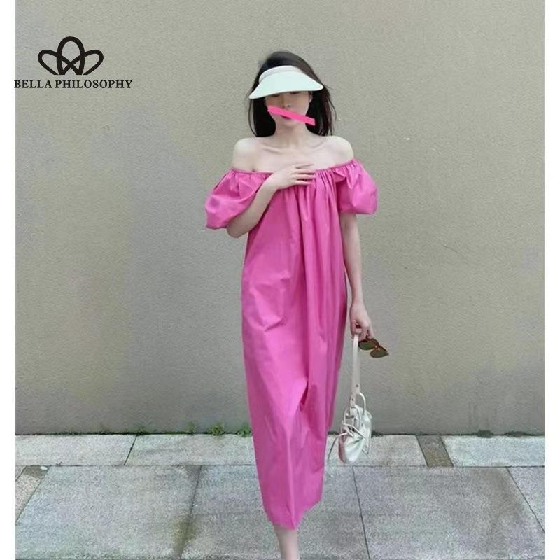 French Style Simple Off-shoulder Solid Color Dress Women's Summer New Slimming Retro High-end Elegant Long Dress
