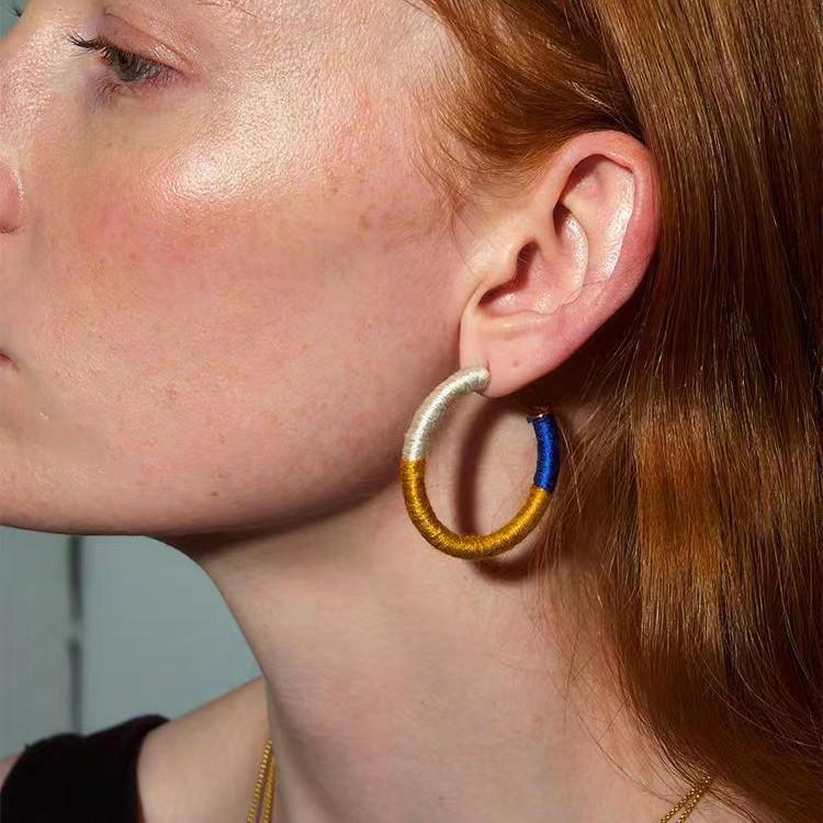 Retro Three-Color Wool Thread Hoop Earrings - Stylish, Versatile, Light Luxury Design for Women