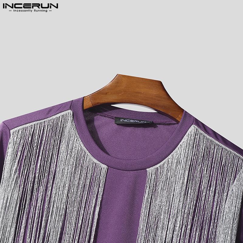 INCERUN Men O Neck Long Sleeve Front Glitter Tassel Short Crop Tops