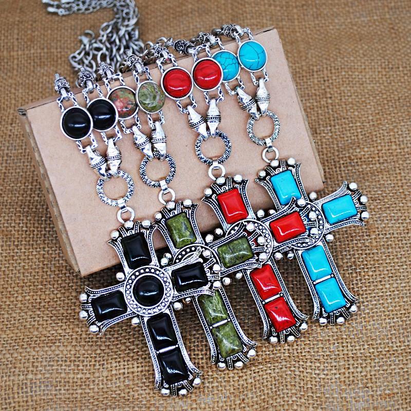 Vintage Cross Pendant Necklace Men Women Turquoise-Inlaid Alloy Snake Chain Statement Jewelry
