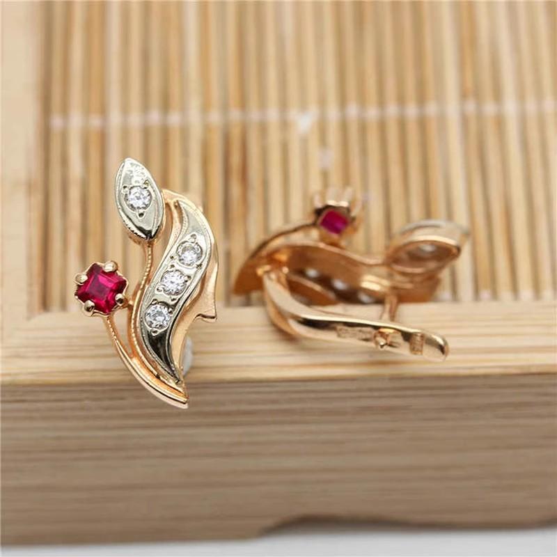 585 Purple Gold Crystal Earrings for Women Creatively Inlaid Red Gem Stud Earings Fashion Plated 14K Rose Gold Jewelry