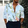 Men Collared Shirt Light Blue White Apricot Floral Leaf Print Long Sleeve Button Down Top