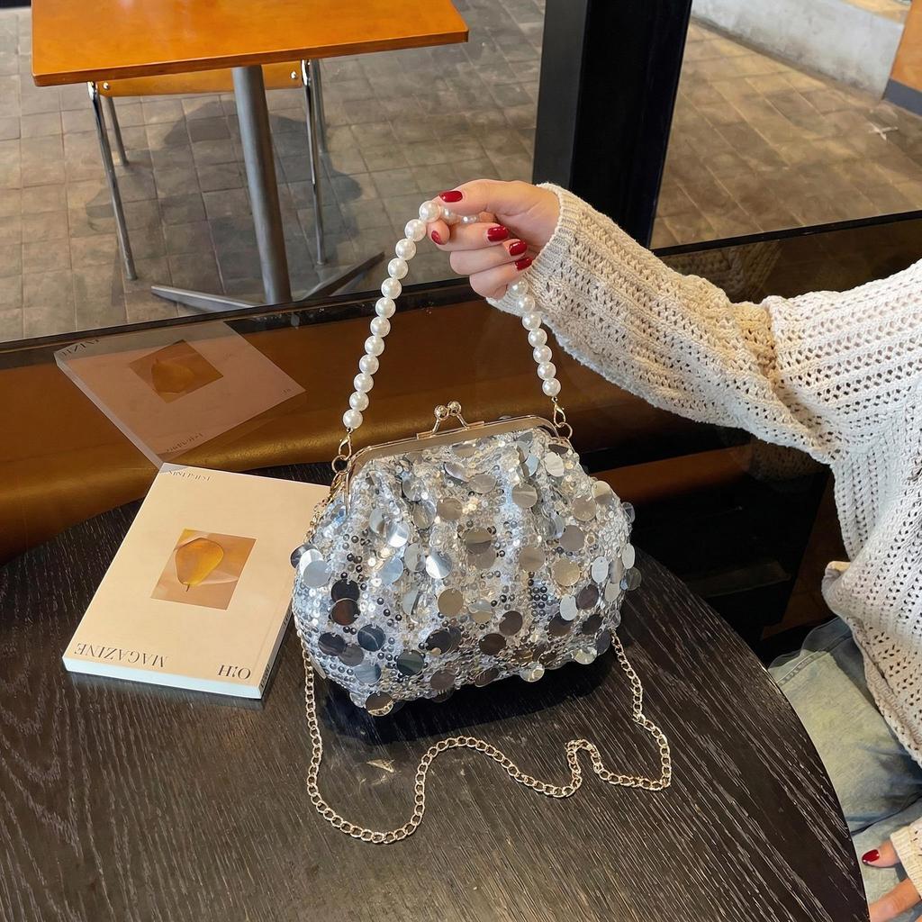 Bag, Women's Sequin Dinner, Shell Clip Bag, Light Luxury Socialite Pearl Handbag, Versatile Chain Shoulder Crossbody Bag