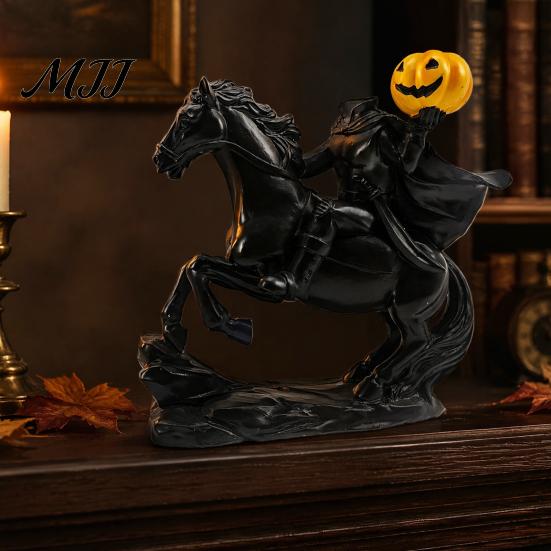 Vintage Tabletop Statue Headless Horseman with Pumpkin, Horror Knight Holding Pumpkin Collectible Art Ornament Ornament, Halloween Horse Sculpture