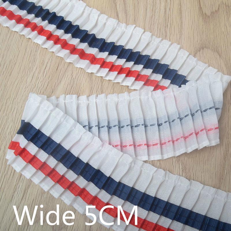 

College Style Blue Red Striped Organ Pleated Chiffon Tulle Lace Applique Neckline Dress Edge Trim DIY Sewing Ribbon Supplies 1 yard