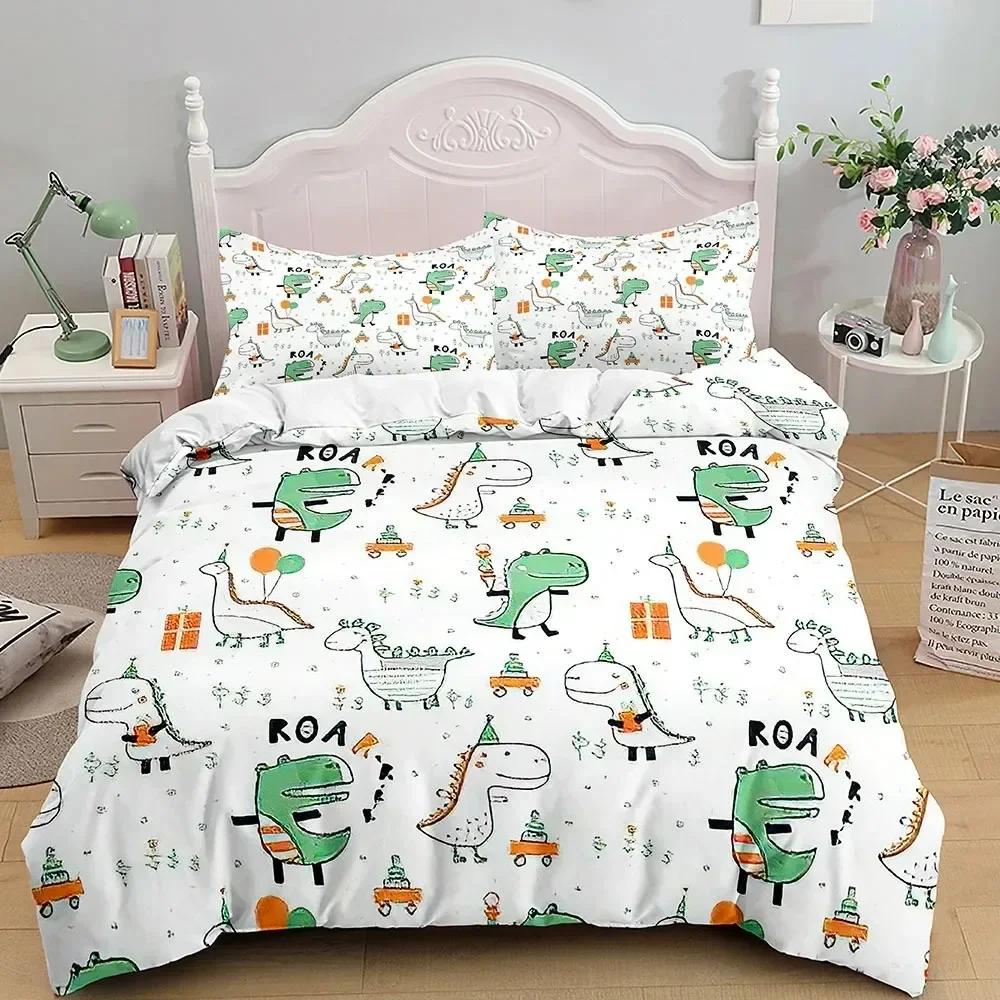 Cartoon Dinosaur Bedding Set Full King Queen Size,Cute Animal World Duvet Cover Orange Yellow Polyester Comforter Quilt Cover