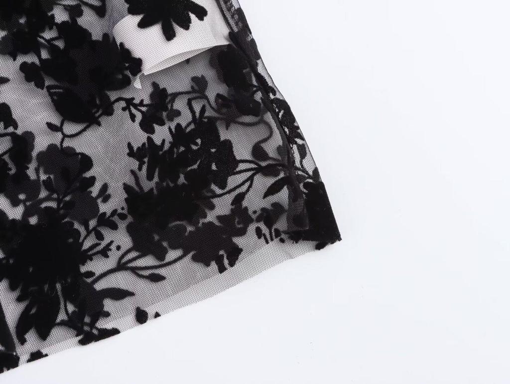 Haut floqué transparent à lacets style européen et américain pour femme, hiver 2024