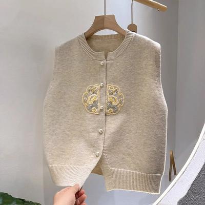 Women's Knitted Vest Spring Designed Round Neck Embroidered Inner Gilet Top