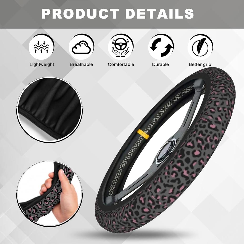 Pink Black Leopard Cheetah Print Steering Wheel Cover, Cute Anti-Slip Breathable Car Accessories Interior Elastic Steering Wheel Cover for Women Fit