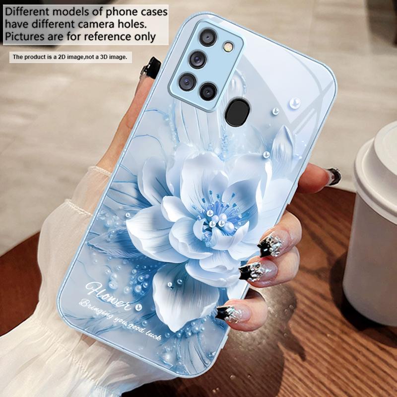 Blooming Blue Flowers For Samsung A73 72 71 A70 56 55 54 A53 52 51 50 42 A35 A34 33 32 31 26 25 24 23 22 30 Glass Phone Case