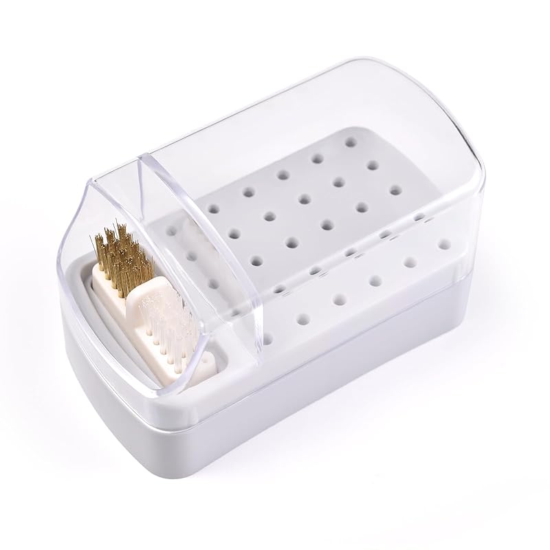 2 in 1 Nail Drill Bit Holder & Nail Drill Bit Cleaner Brush Case 30 Holes Dustproof Nail Drill Bit Display Stand Organizer Box Manicure Drill Bits