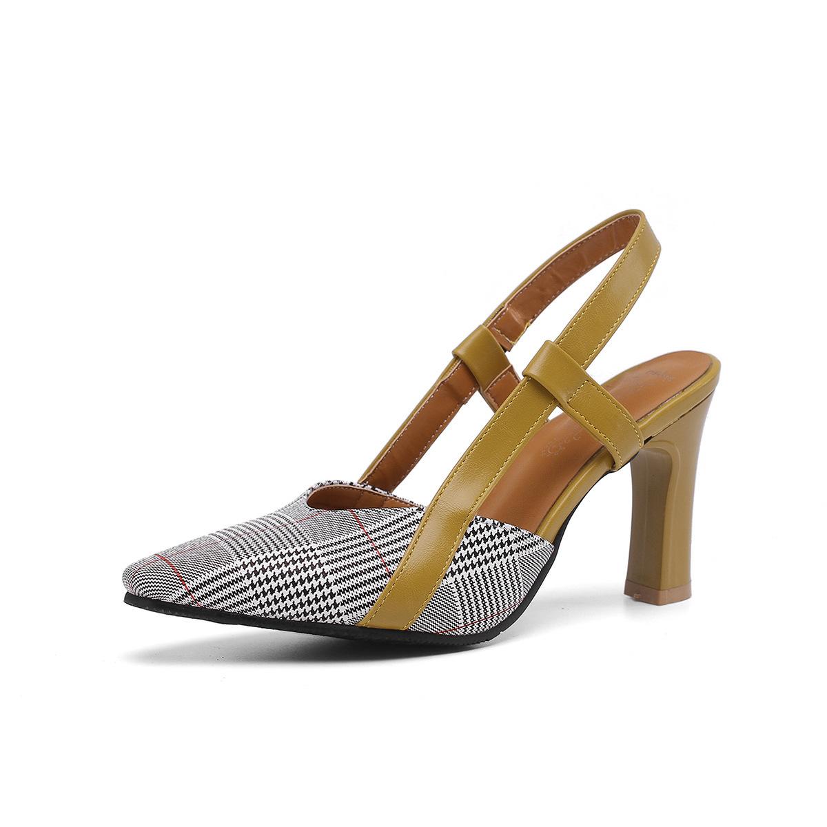 

2019 новые модные элегантные женские босоножки в клетку корейской версии с острым носком и толстым каблуком 46 имбирный