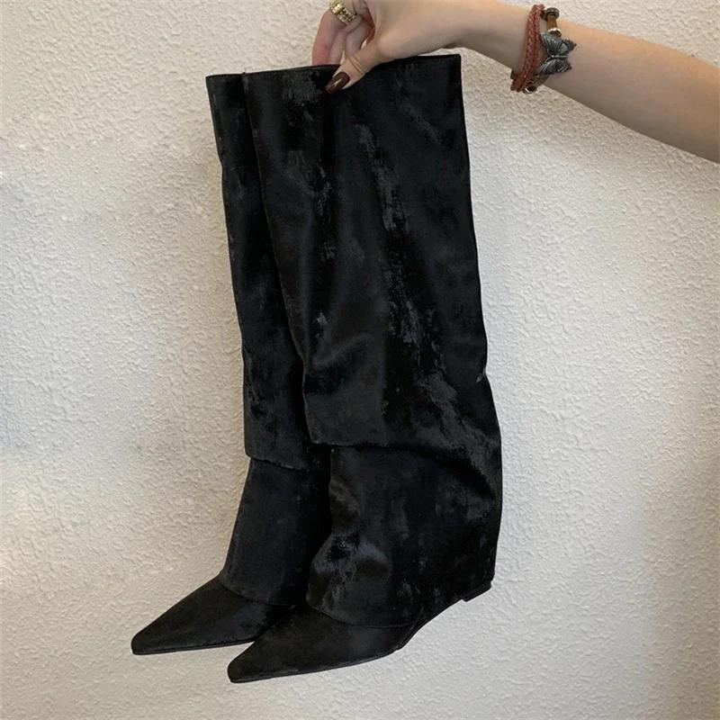 Fashion 2025 New Autumn Winter Design Pleated Wedges Heels Women Knee High Boots Pointed Toe Long Booties Fashion Ladies Shoes