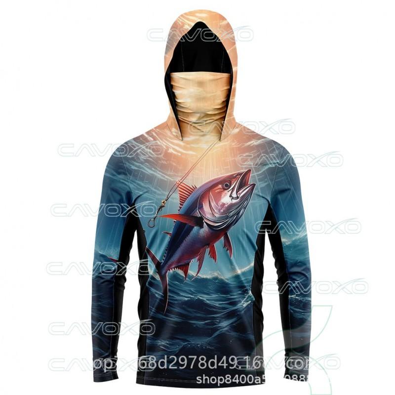 Camicia da Pesca Leggera Asciugatura Rapida Con Cappuccio Copri Viso Fibra di Bambù Protezione UV Manica Lunga Pesca all'Aperto