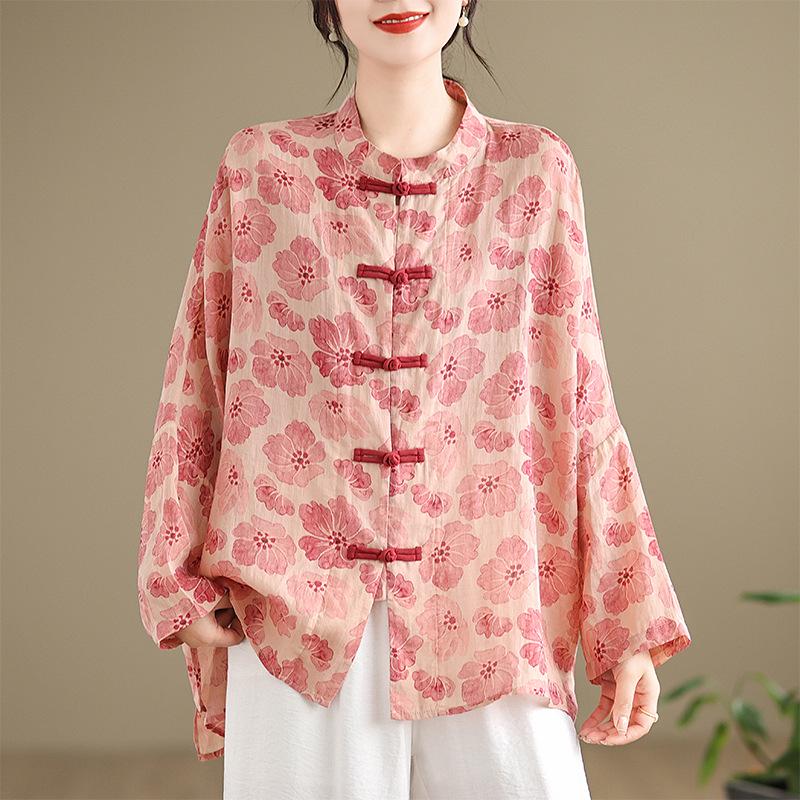 

Chinese Retro Frog Button Printed Women s Shirt - Spring/Autumn Tang Suit Style, Loose Fit, Three-Quarter Sleeves Extra Large