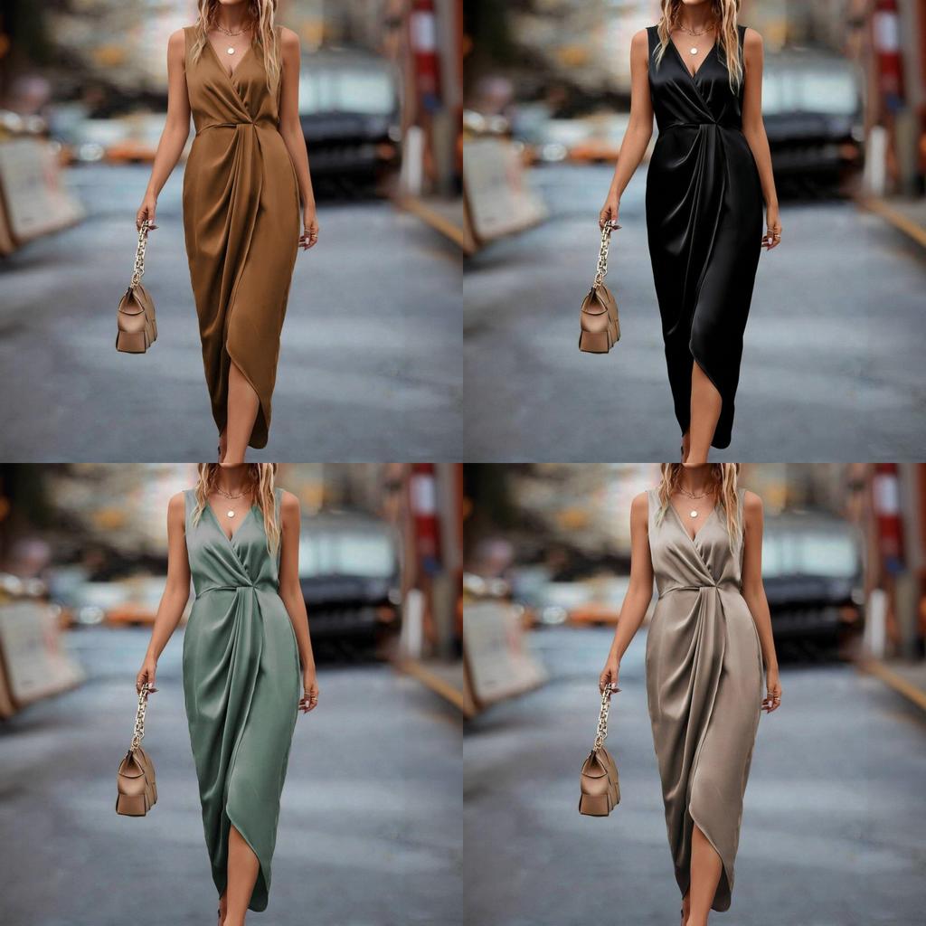 Elegant V Neck Sleeveless Long Dress With Asymmetric Hem For Formal Events