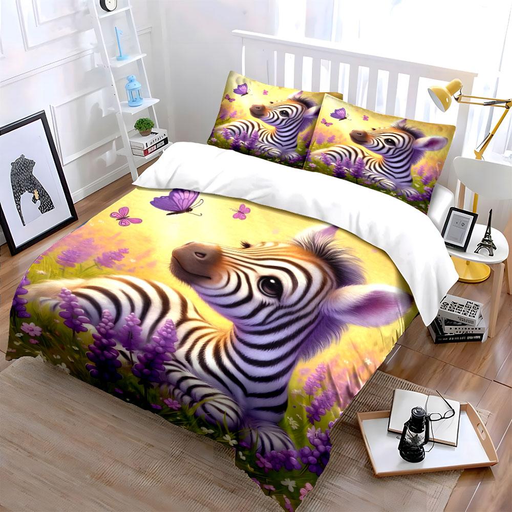 Zebra, purple flowers, butterflies. Print Bedding Set 1 Duvet Cover 2 Pillowcases for Adult and Children Luxury Gift Full Size