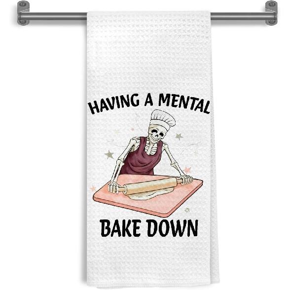 Funny Chef Skeleton Baking Kitchen Towels, Baker Gifts for Baking Lover, Having a Mental Bake Down Decorative Hand Tea & Dish Towels for Bakery