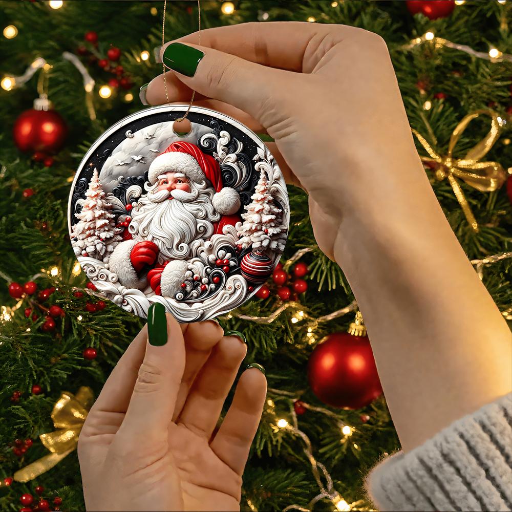 Vintage Santa Claus with Snowy Pine Trees Art Acrylic Christmas Tree Ornament Festive Hanging Decoration Christmas Decor New Year Gift Party Ornament