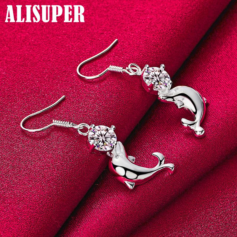 925 Sterling Silver Dolphin AAA Zircon Drop Earrings Jewelry