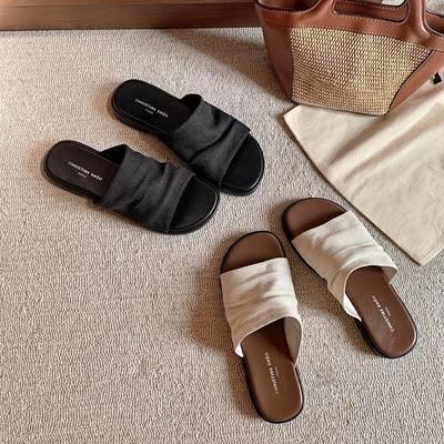 2025 Spring and Summer New Fashion Leather Bangkok Slippers~ Wrinkled Leisure Vacation Beach Flat Bottom Sandals Women's Slippers