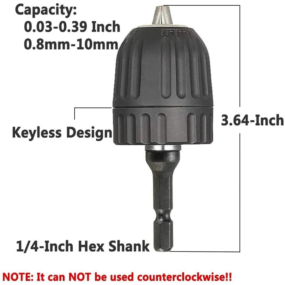 1pc 0.8-10mm Keyless Drill Chuck Converter 3/8"- 24UNF Thread Quick Change Adapter 1/4" Hex Shank