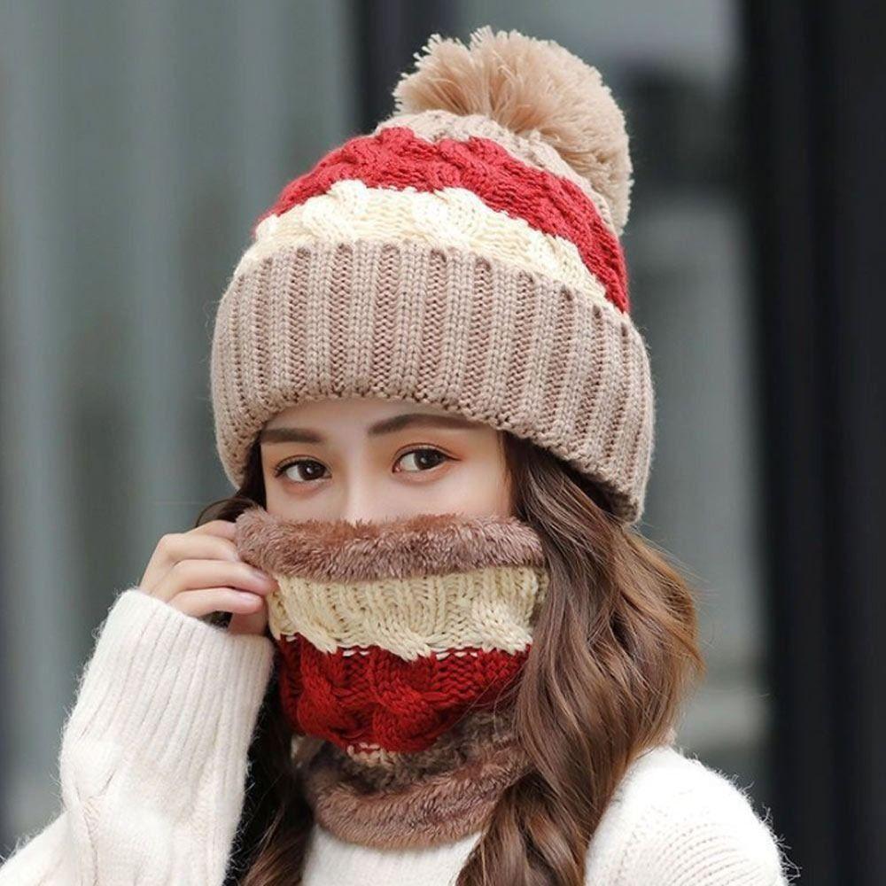 Soft Scarf and Hat Set Coral Fleece Hooded Thermal Cap Fashion Woolen Hat  Women