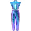 Kids Girls Hip-Hop Jazz Dance Set Mock Neck Rhinestone Mesh Patchwork Sleeveless Metallic Ruffle Crop Top with Shiny Cargo Pants