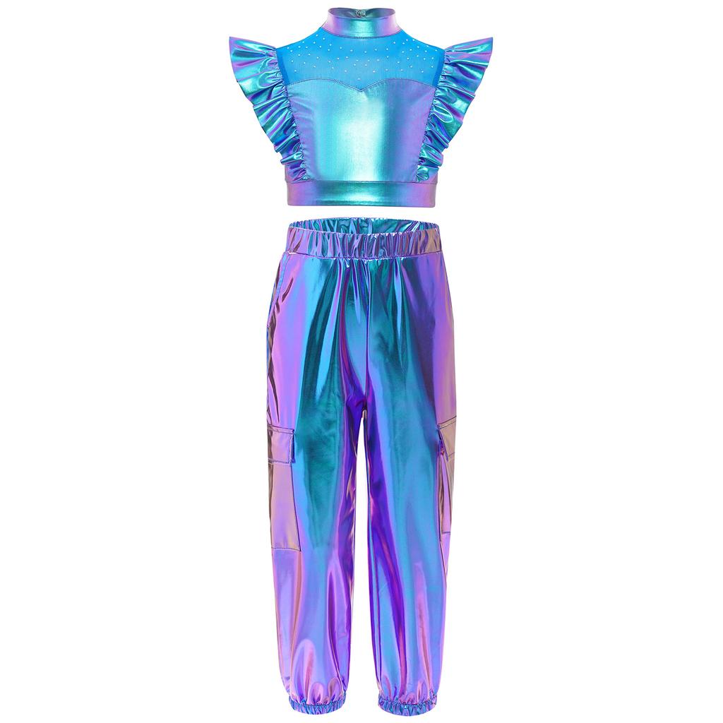 Kids Girls Hip-Hop Jazz Dance Set Mock Neck Rhinestone Mesh Patchwork Sleeveless Metallic Ruffle Crop Top with Shiny Cargo Pants