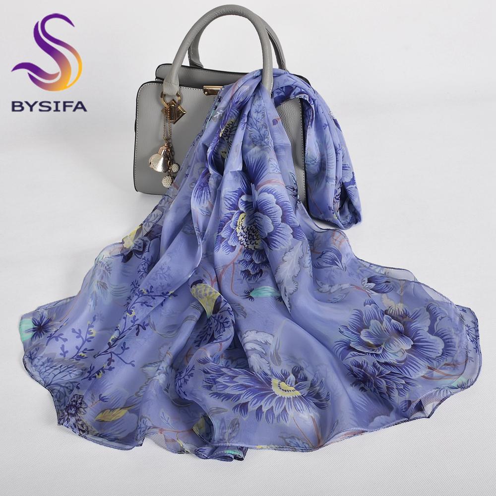 [BYSIFA] Blue Green 100% Mulberry Silk Scarf Wrap Winter Flower Design Chiffon Long Scarves Shawls Ladies Beach Shawl Echarpes