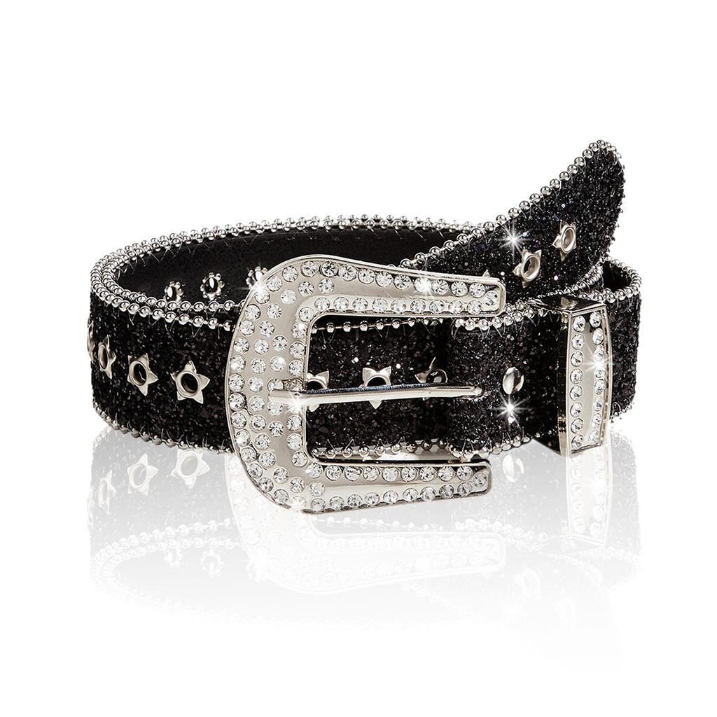 Fashion Women Wide Glitter Belt Golden Rhinestone Buckle Full Eyelet Design Western Style Waist Belt for Jeans Pants Dresses