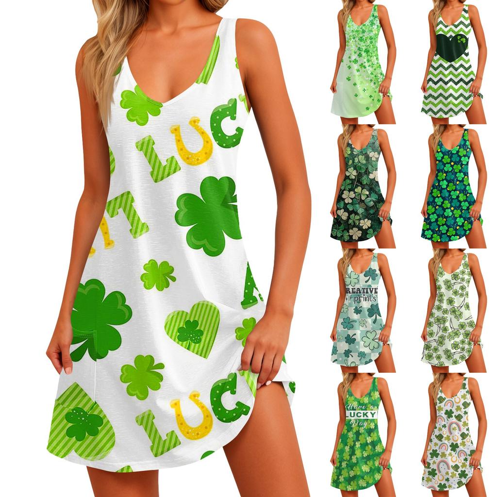 Women's Casual Print Summer Bohemian Beach Dress With Pockets V Neck Tank Dress