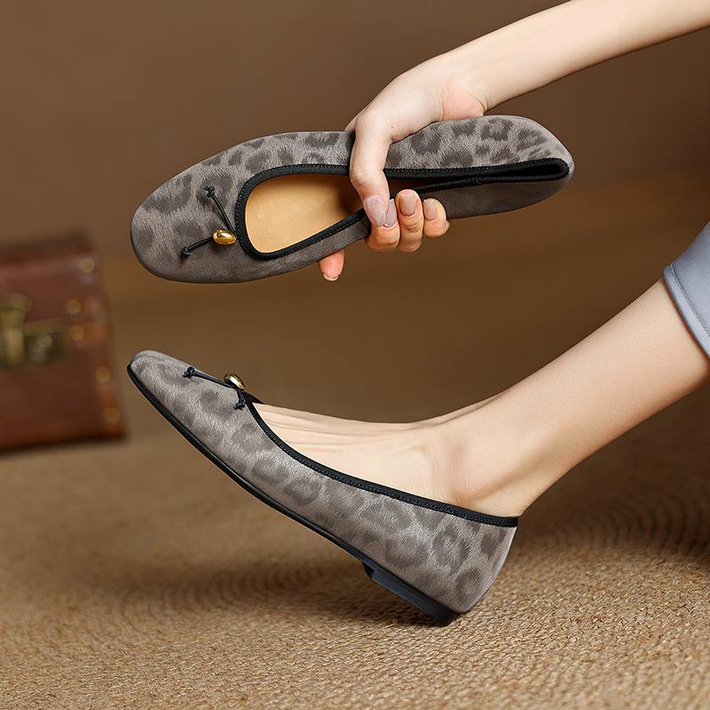 Krazing Pot Cow Skin Summer Spring Autumn Winter Flats Slip on Leopard Women Keep Warm Round Toe Bowtie Shallow Shoes