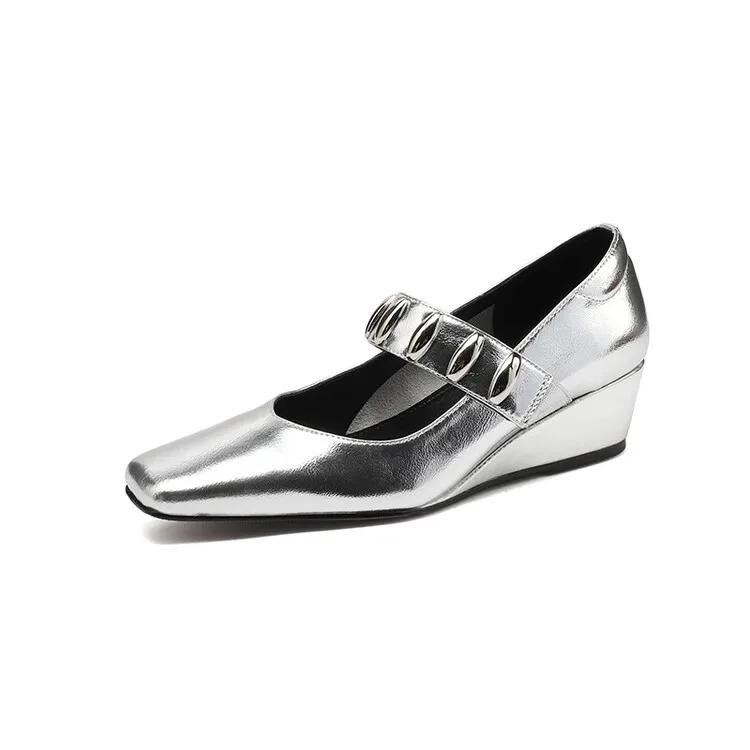 Fashion Cowhide Black Silver Metal Decorative Wedge Heel High-heeled Shoes Spring Autumn Fashion Commute Ballet Soft Flat Single Shoes