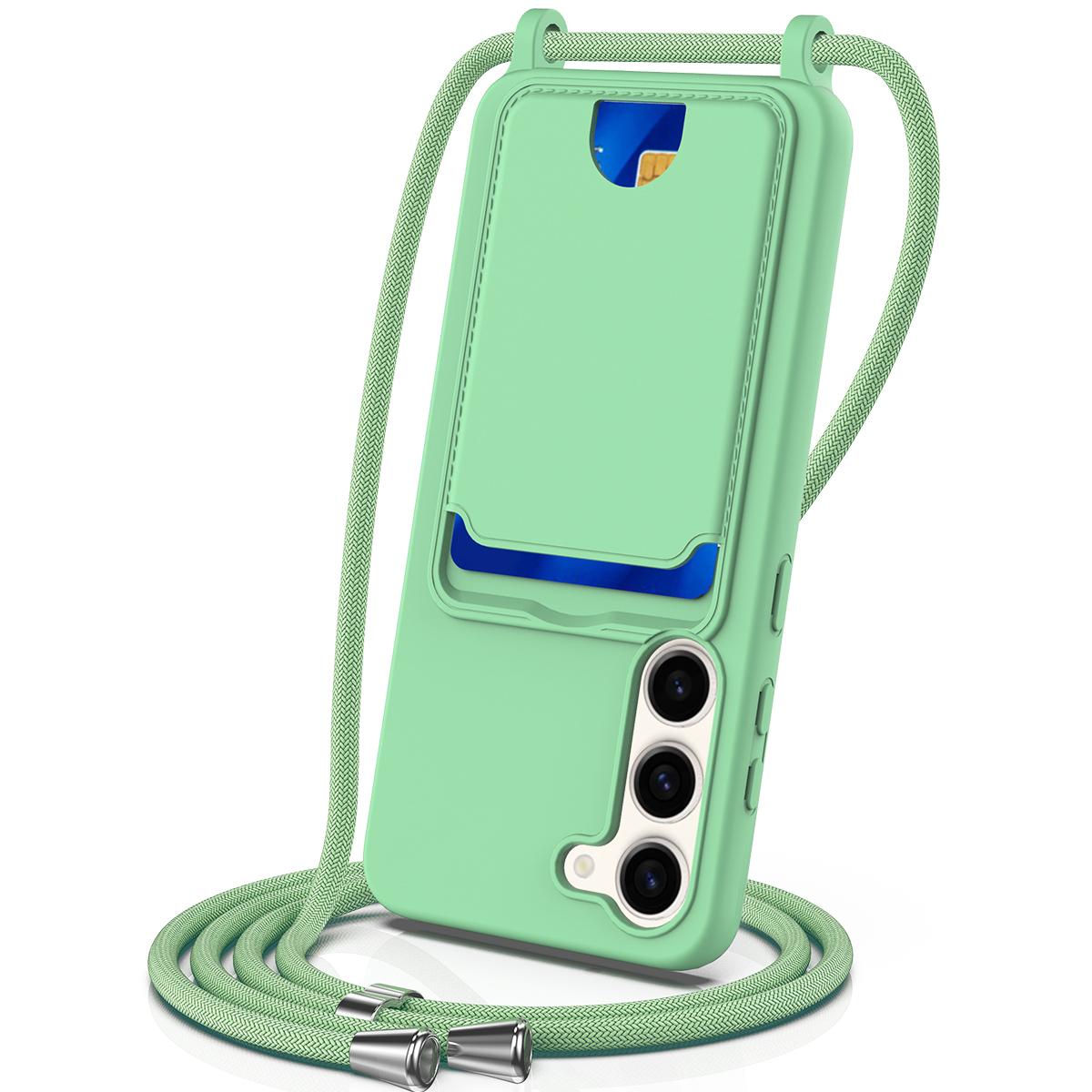 

For Samsung Galaxy S23+ Case Liquid Silicone Card Holder Phone Back Cover with Lanyard Green
