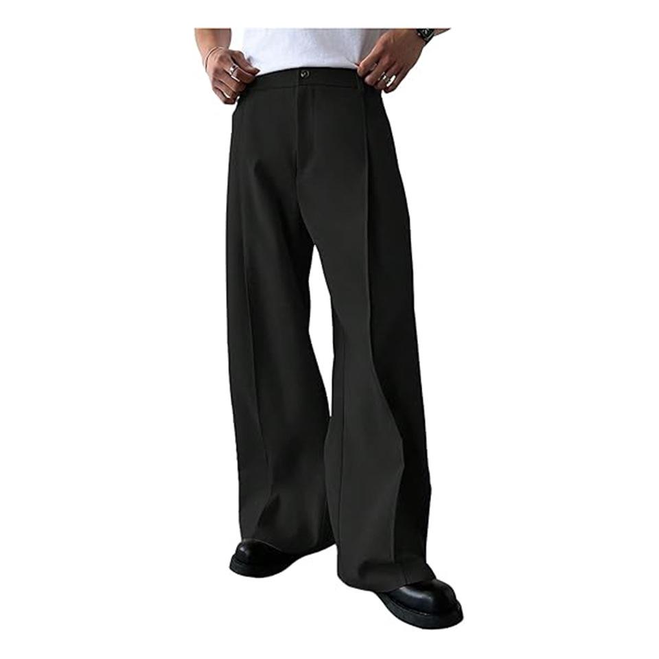 

Men High Waist Pleated Wide Leg Dress Pants Straight Fit Casual Trousers S
