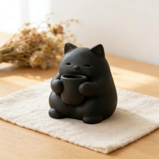 Mini Cute Cat Figurine 3D Printed Drinking Tea Cat Statue Small Desktop Ornament for Living Room Bedroom Office Shelf Decor