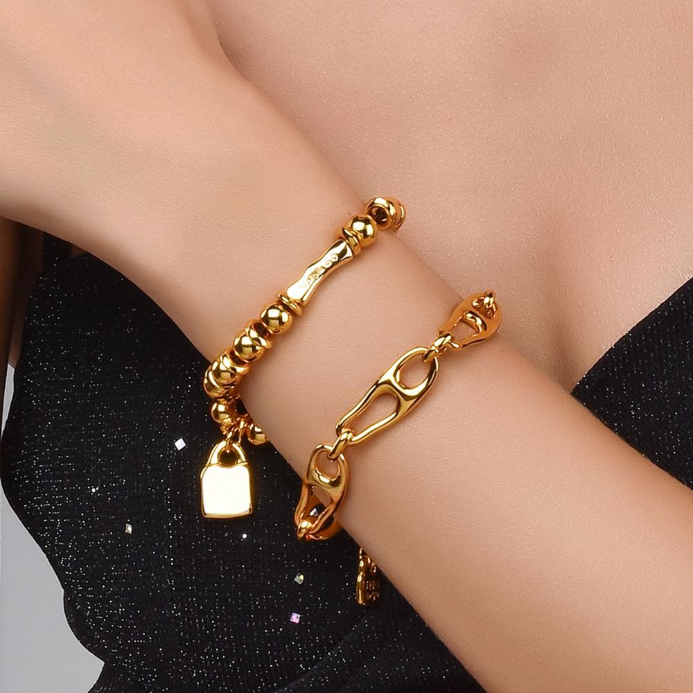 Spain Dy Handmade Beaded Bracelet Stainless Steel Accessories Peach Heart Small Lock Bracelet Simple Solid Bead Bracelet