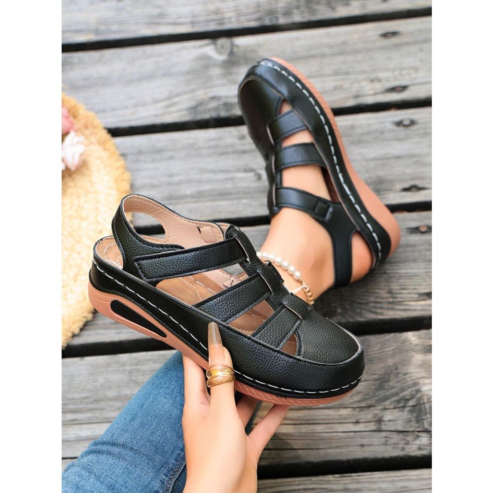 Women Platform Hollow Roman Sandals, Round Toe Wedge Heel Breathable Comfort Casual Shoes