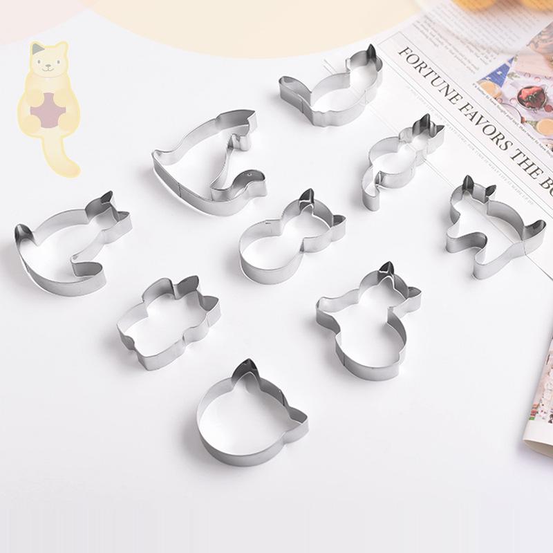 Stainless Steel Cat Cookie Cutter Set, 9-Piece DIY Embossed Baking Molds.
