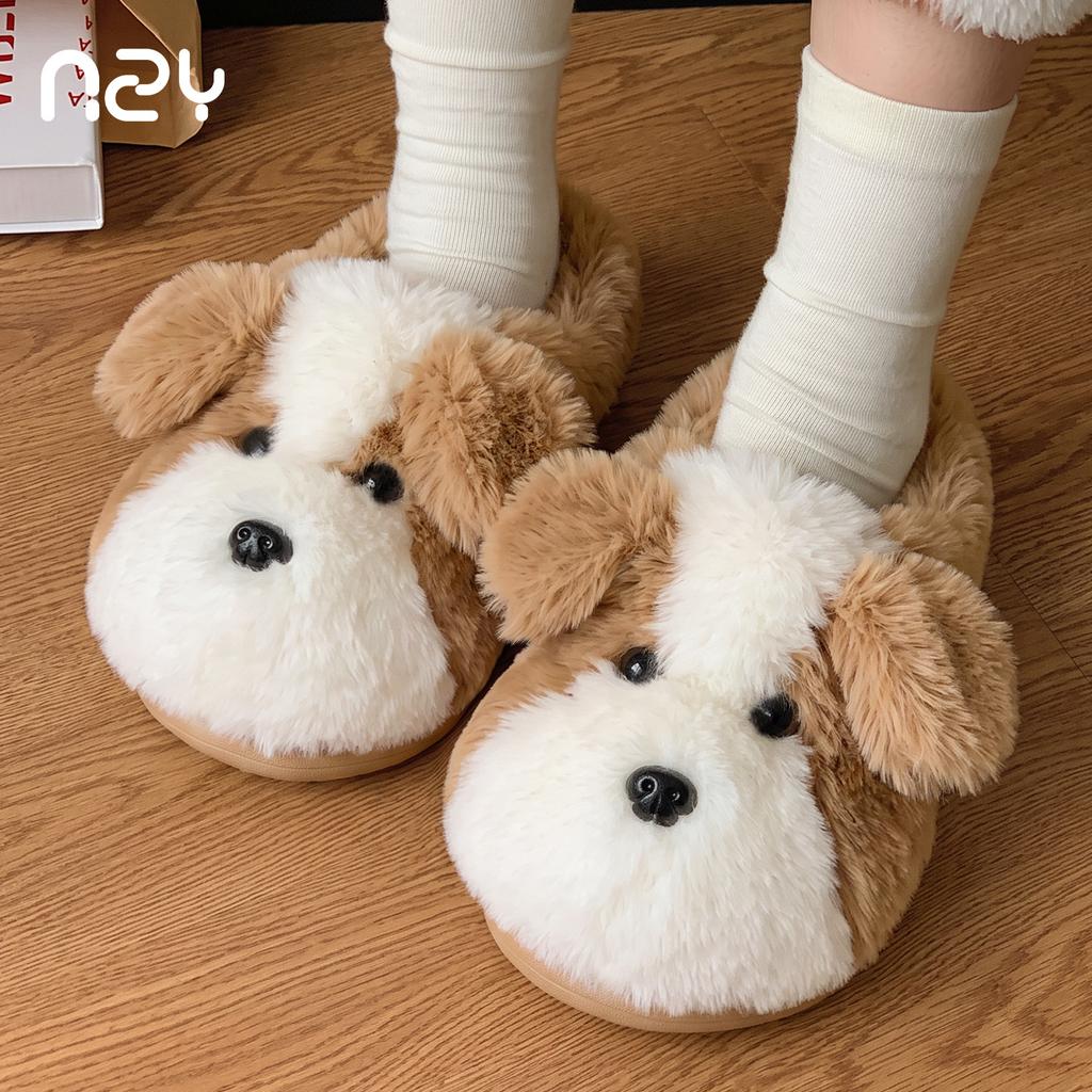 Three-dimensional big-eared puppy cotton slippers women's winter plush cute home soft bottom non-slip bag head slippers