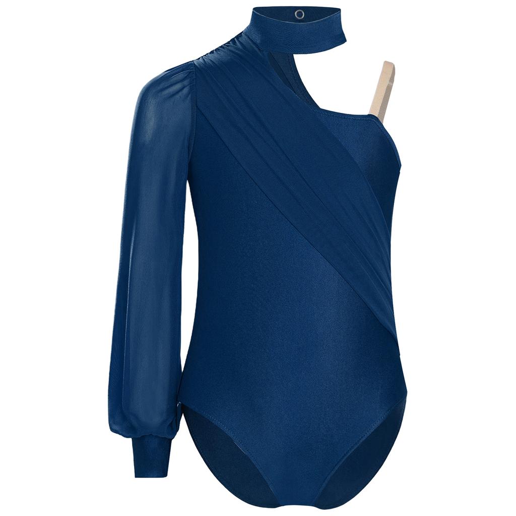 Jenter Ene Skulder Danse Drakotard Sceneopptredelseskostyme Mock Neck Langermet Rynket Nettoverlegg Bodysuit for Barn Gymnastikk