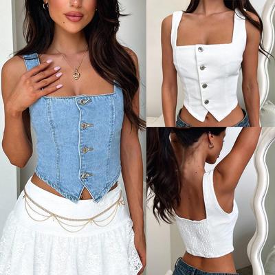 Damen Denim Crop Top mit Knopfleiste vorne - Frühling/Sommer Bestseller Mode Camisole (SU3746)